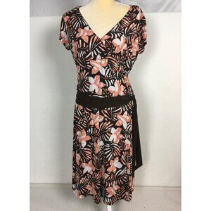 Traces Dress Women Size 10 Brown w Peach Flowers V neck Waist Tie Short Sleeves